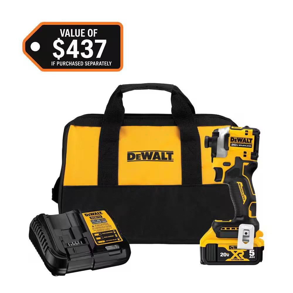 ATOMIC 20V MAX Lithium-Ion Cordless 1/4 In. Brushless Impact Driver Kit, 5 Ah Battery, Charger, and Bag