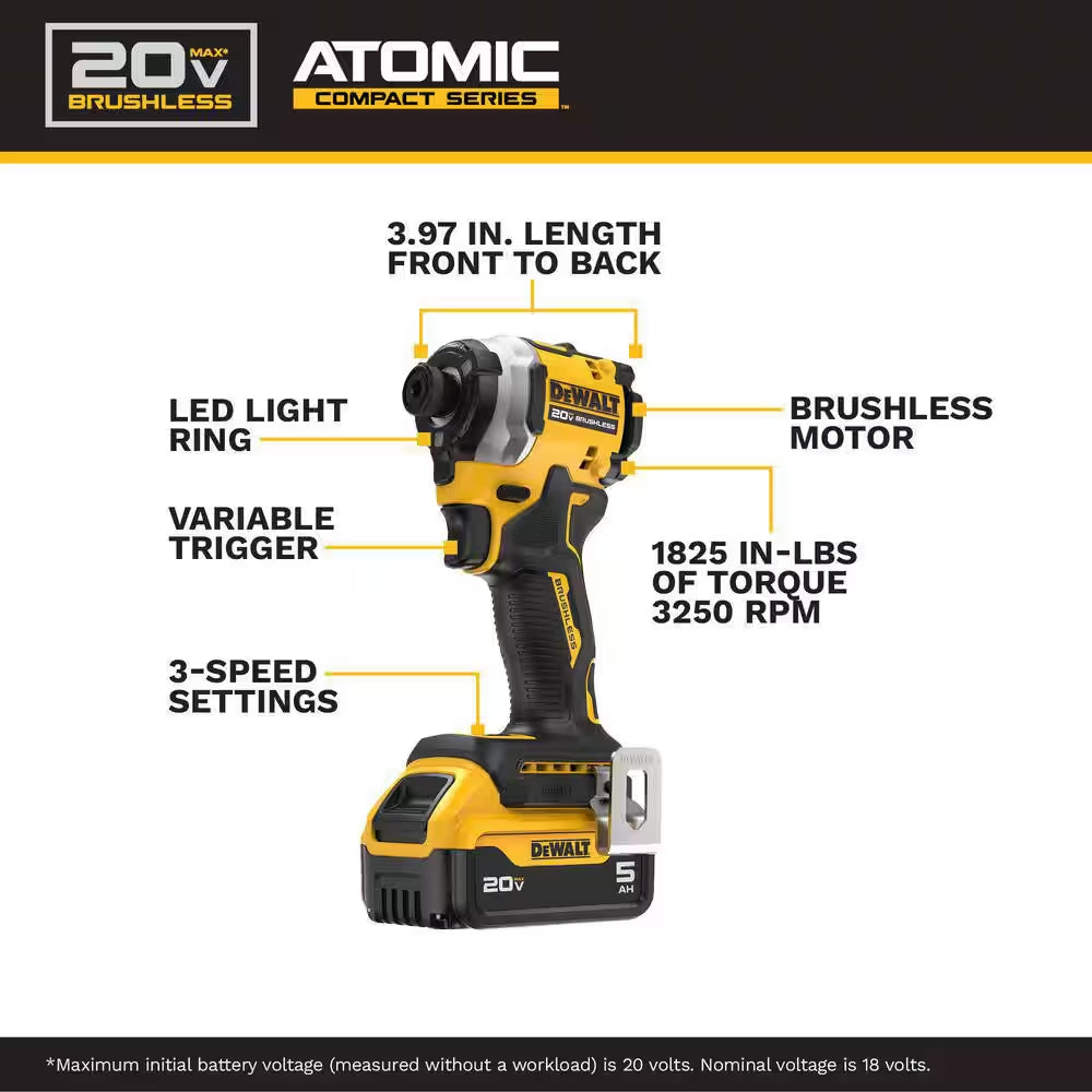 ATOMIC 20V MAX Lithium-Ion Cordless 1/4 In. Brushless Impact Driver Kit, 5 Ah Battery, Charger, and Bag